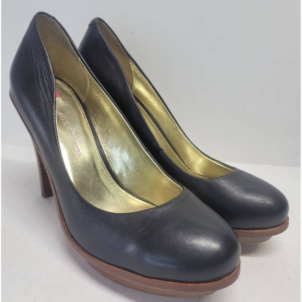 Elaine Turner Black Leather Platform Pumps Round Toe Gold Insole Heels Size 9.5
